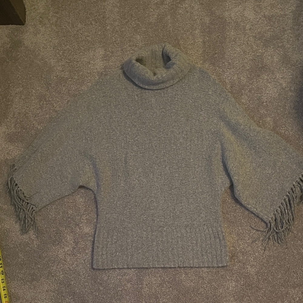 Denim&Co Elegant Gray Cowl Neck Sweater with Fringe